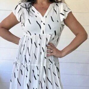 NWOT Loft Tiered Flutter Sleeve Midi Dress White and Black Size XXS